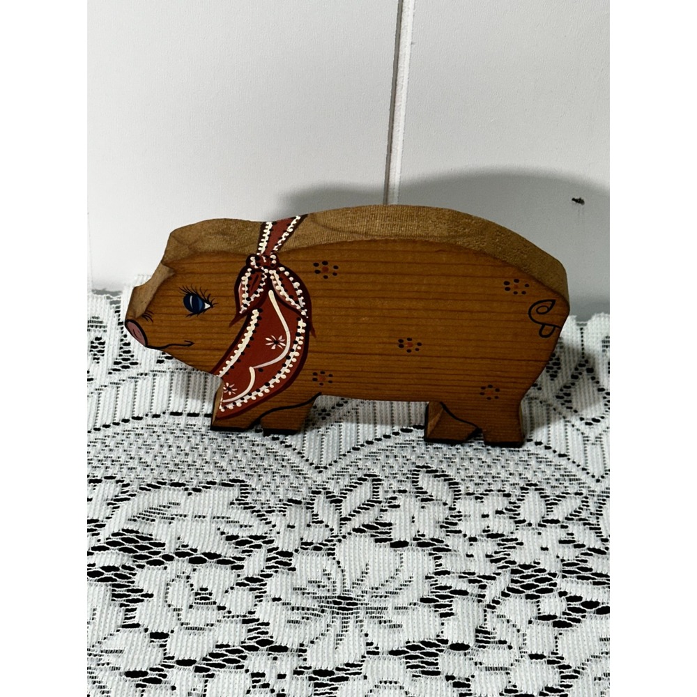 Vintage Hand Painted Wooden Pig Figurine Farmhouse Folk Art Bandana Decor